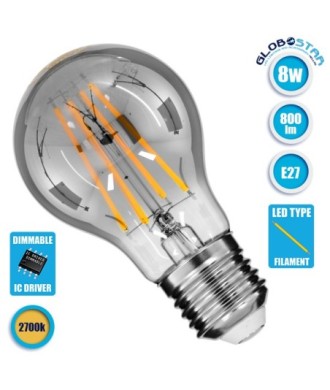 GLOBOSTAR® GLOBE 99067 Λάμπα E27 A60 LED 8W 800lm 360° AC 220-240V IP20 Θερμό Λευκό 2700K Dimmable - Long Filament Chip - Μαύρο Φιμέ - Μ6 x Π6 x Υ11cm - 3 Χρόνια Εγγύηση